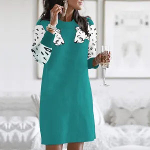 Leopard Print Knit Short Sweater Dress