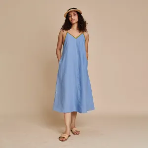 Linen Blue Midi Dress | Adjustable Strap