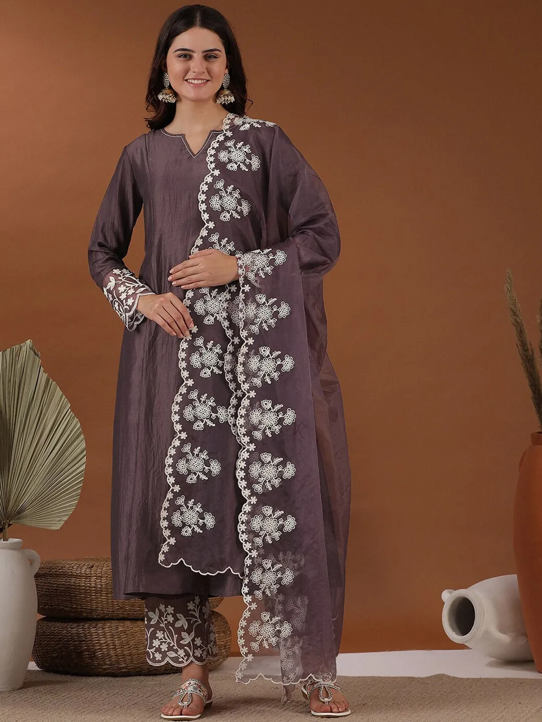 Mauve Notched Neck Thread Work A-Line Kurta with Trousers & With Dupatta