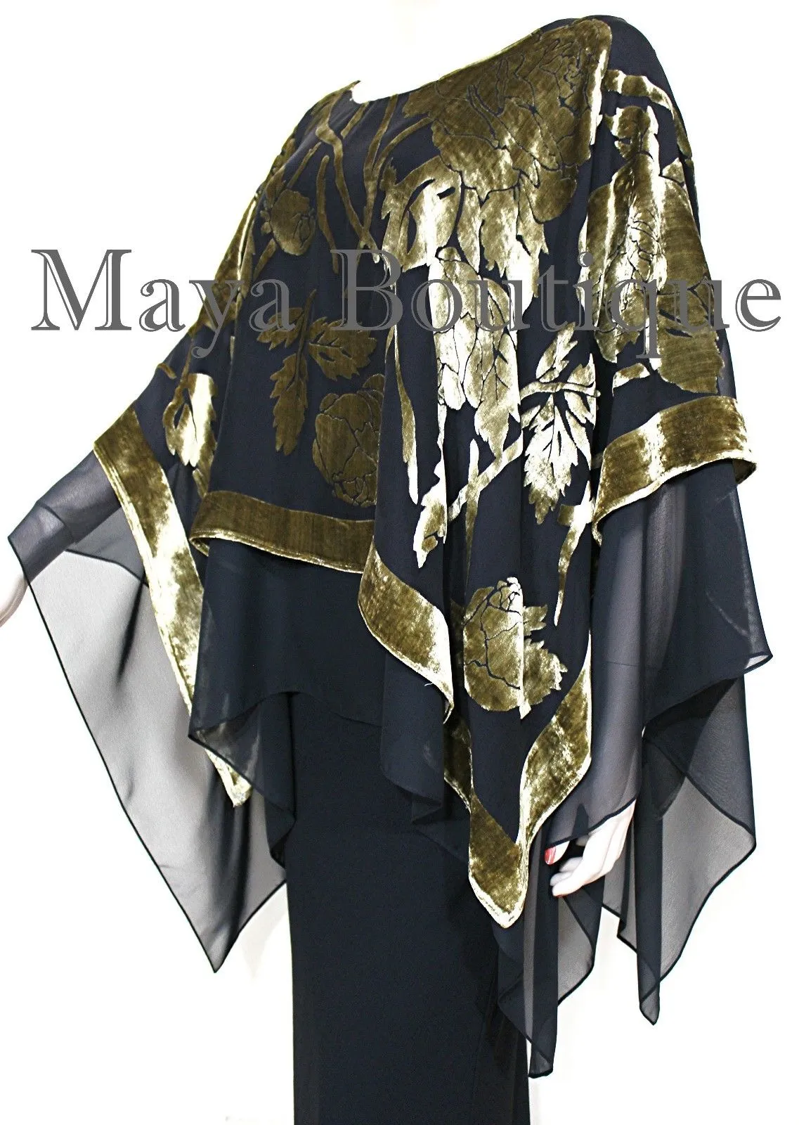 Maya Matazaro Layered Poncho Top Silk Burnout Velvet Chiffon Black Antique Gold