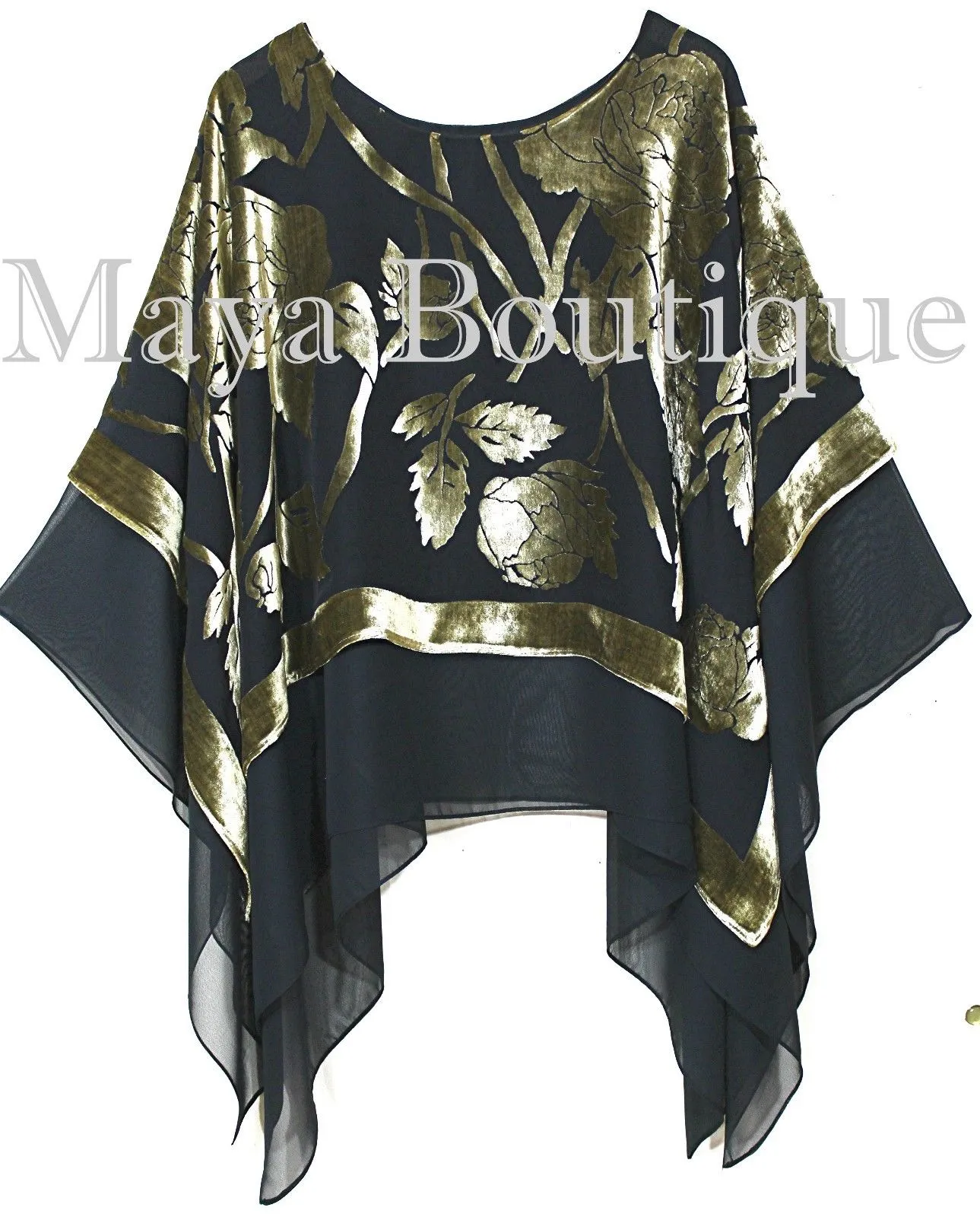 Maya Matazaro Layered Poncho Top Silk Burnout Velvet Chiffon Black Antique Gold