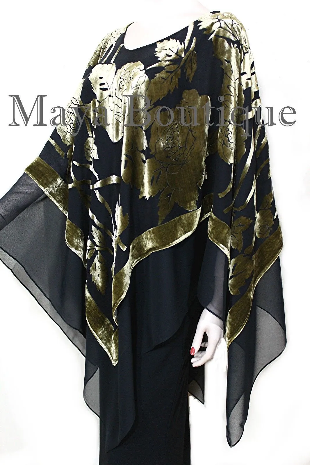 Maya Matazaro Layered Poncho Top Silk Burnout Velvet Chiffon Black Antique Gold