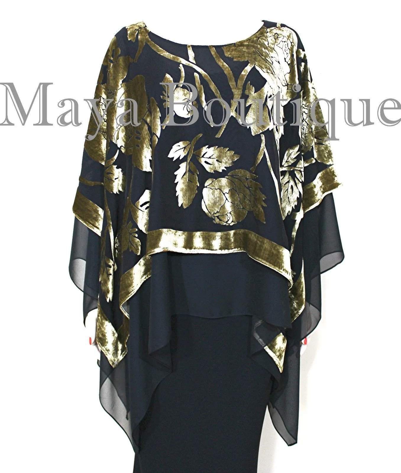 Maya Matazaro Layered Poncho Top Silk Burnout Velvet Chiffon Black Antique Gold