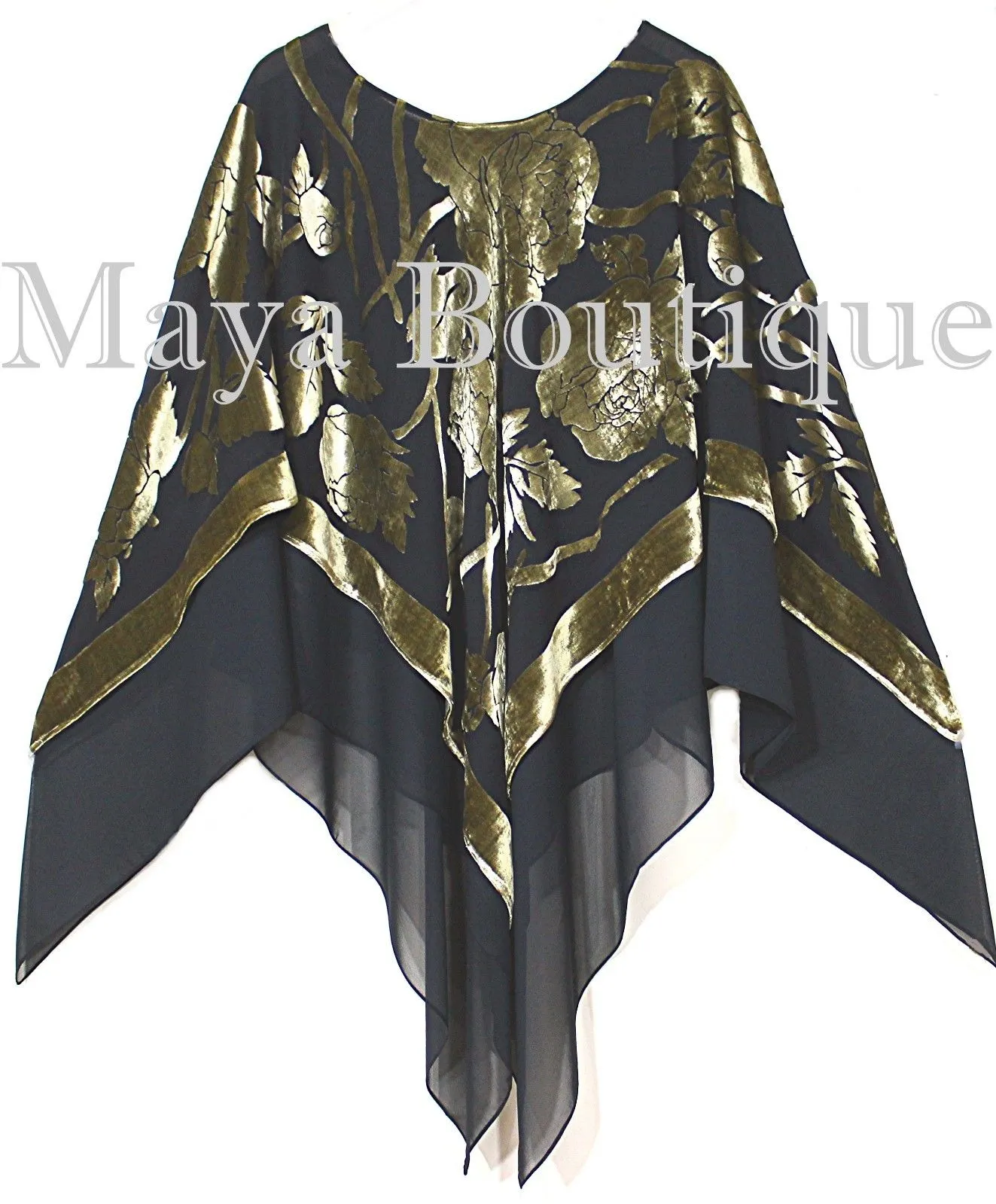 Maya Matazaro Layered Poncho Top Silk Burnout Velvet Chiffon Black Antique Gold