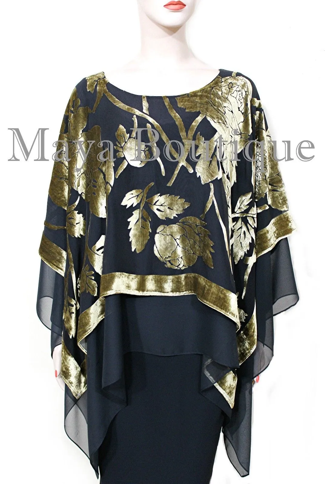 Maya Matazaro Layered Poncho Top Silk Burnout Velvet Chiffon Black Antique Gold