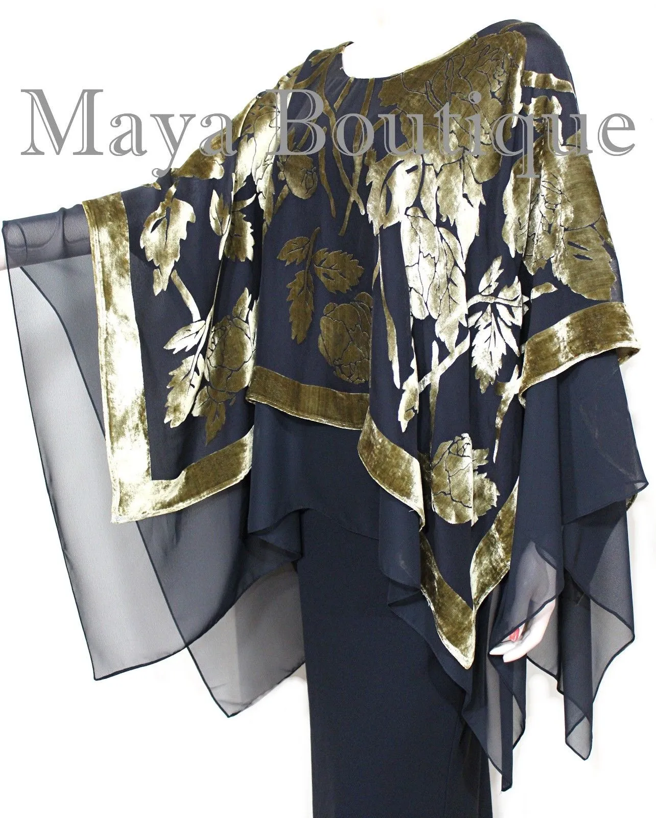 Maya Matazaro Layered Poncho Top Silk Burnout Velvet Chiffon Black Antique Gold