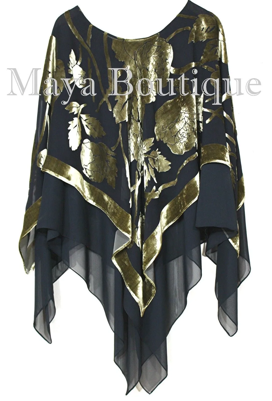 Maya Matazaro Layered Poncho Top Silk Burnout Velvet Chiffon Black Antique Gold