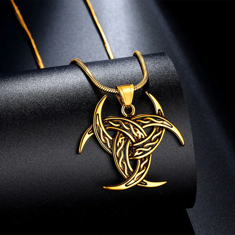 Men Celtic Knot Necklace Viking Pendant Jewelry Triple Odin Horn Crescent Moon