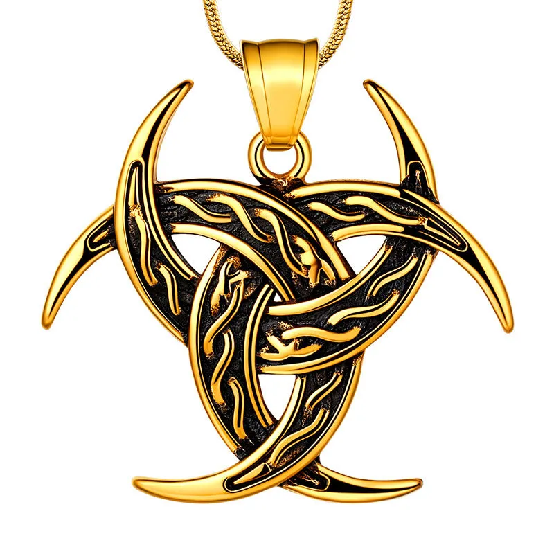 Men Celtic Knot Necklace Viking Pendant Jewelry Triple Odin Horn Crescent Moon