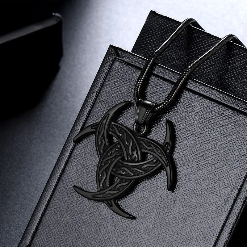 Men Celtic Knot Necklace Viking Pendant Jewelry Triple Odin Horn Crescent Moon