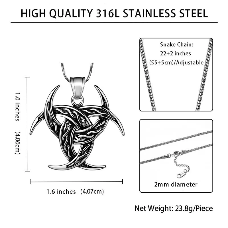 Men Celtic Knot Necklace Viking Pendant Jewelry Triple Odin Horn Crescent Moon