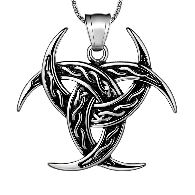 Men Celtic Knot Necklace Viking Pendant Jewelry Triple Odin Horn Crescent Moon
