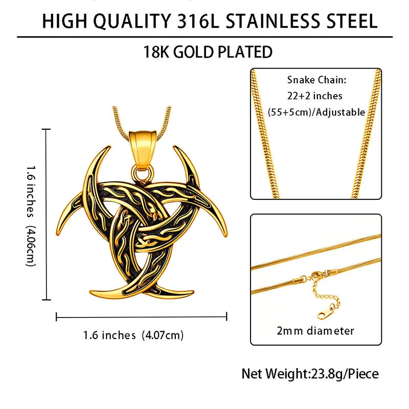 Men Celtic Knot Necklace Viking Pendant Jewelry Triple Odin Horn Crescent Moon