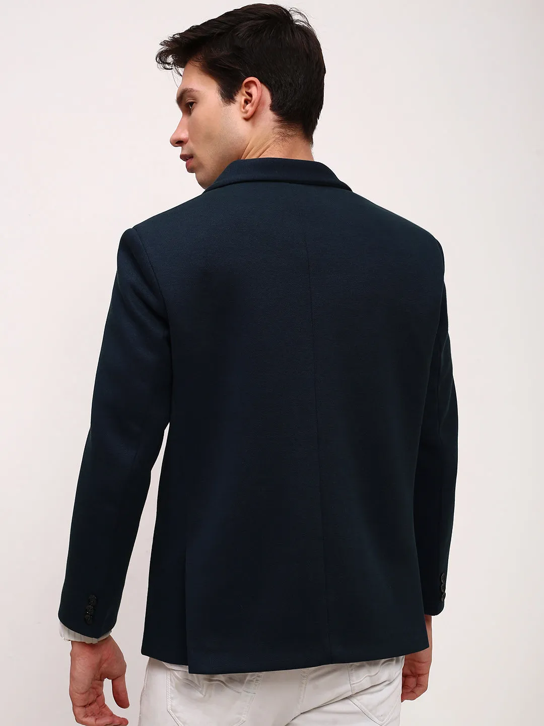 Men Teal Self Design Slim Fit Single-Breasted Cotton Blazer
