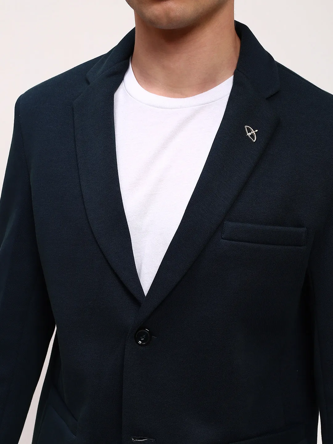 Men Teal Self Design Slim Fit Single-Breasted Cotton Blazer