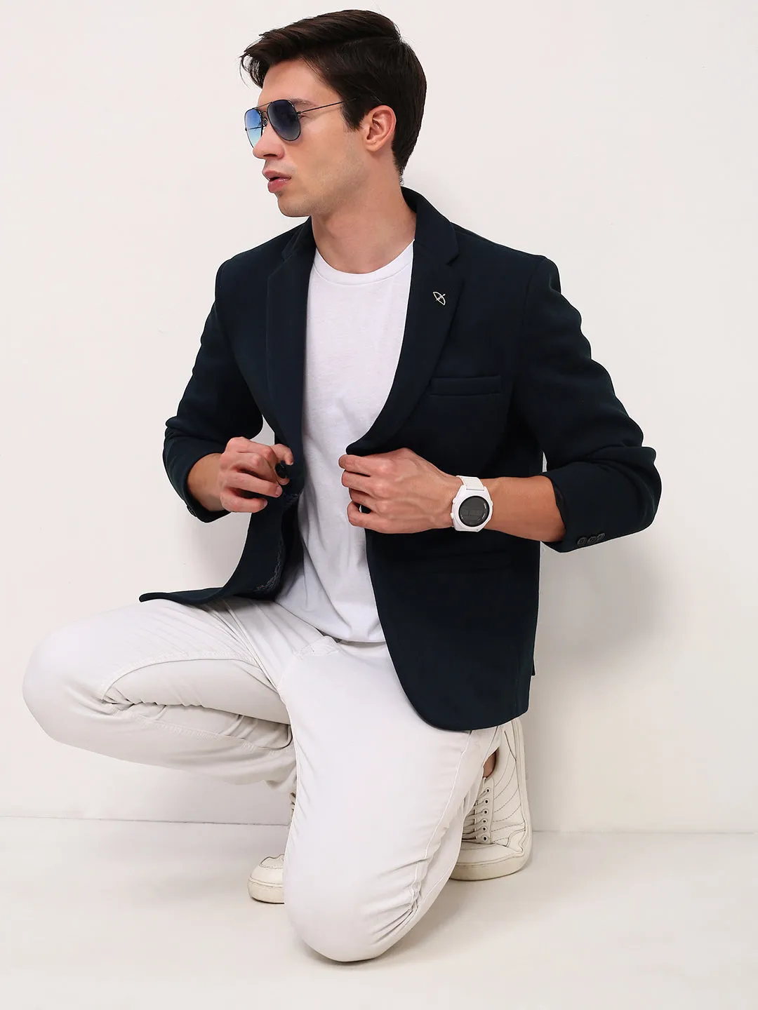 Men Teal Self Design Slim Fit Single-Breasted Cotton Blazer