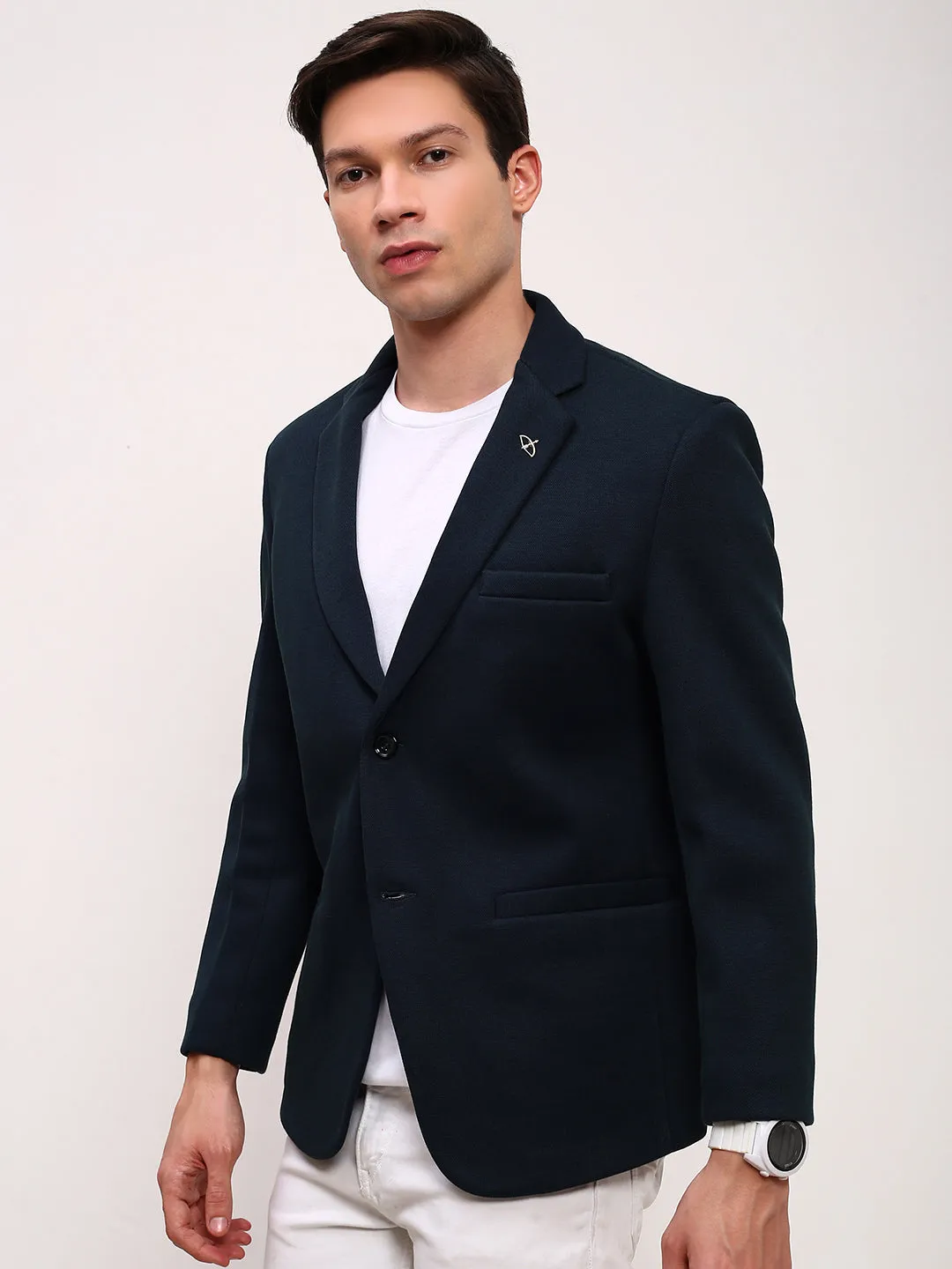 Men Teal Self Design Slim Fit Single-Breasted Cotton Blazer
