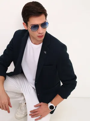 Men Teal Self Design Slim Fit Single-Breasted Cotton Blazer