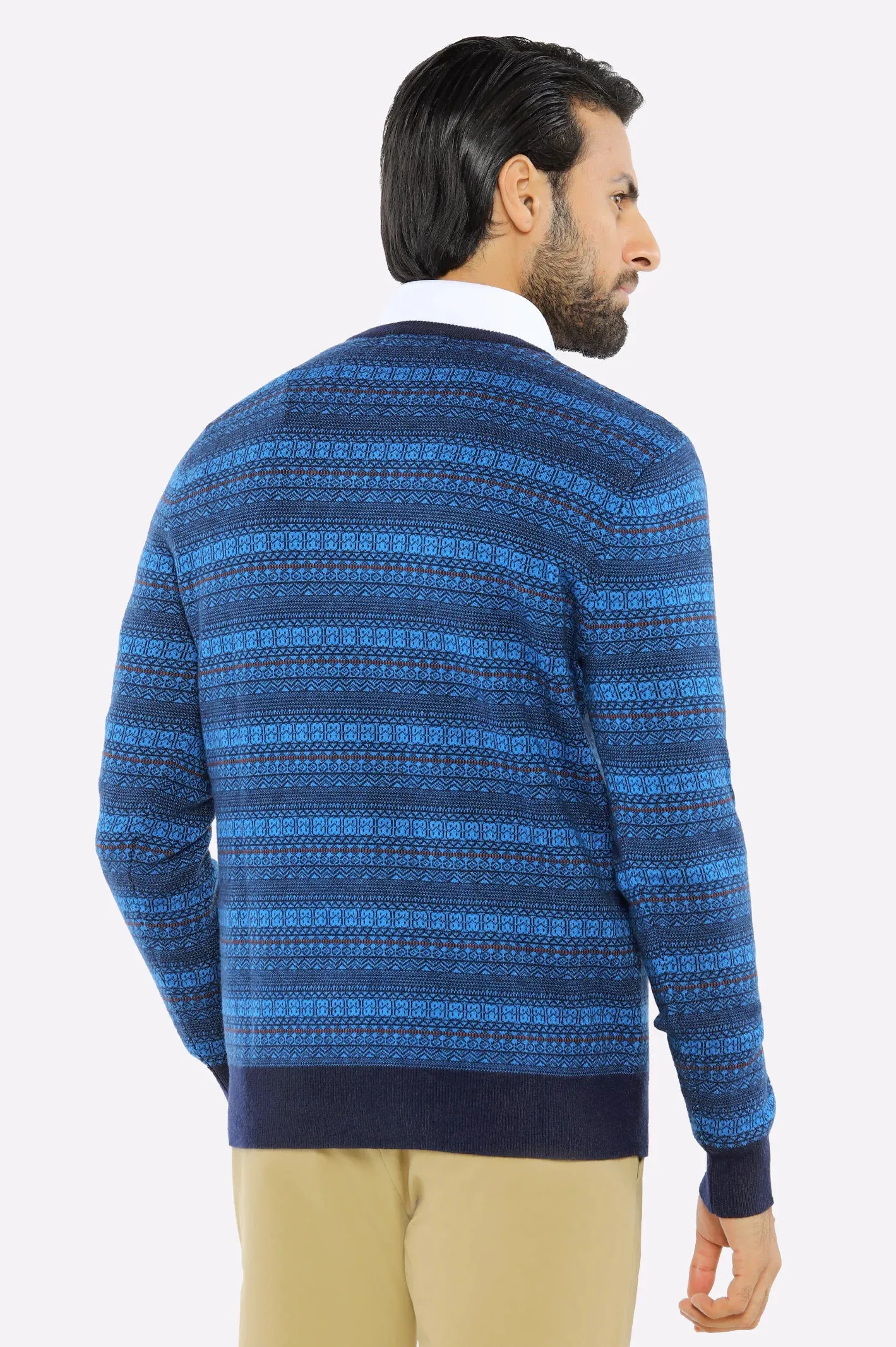 Men V-neck Multi Blue Sleeves Sweater