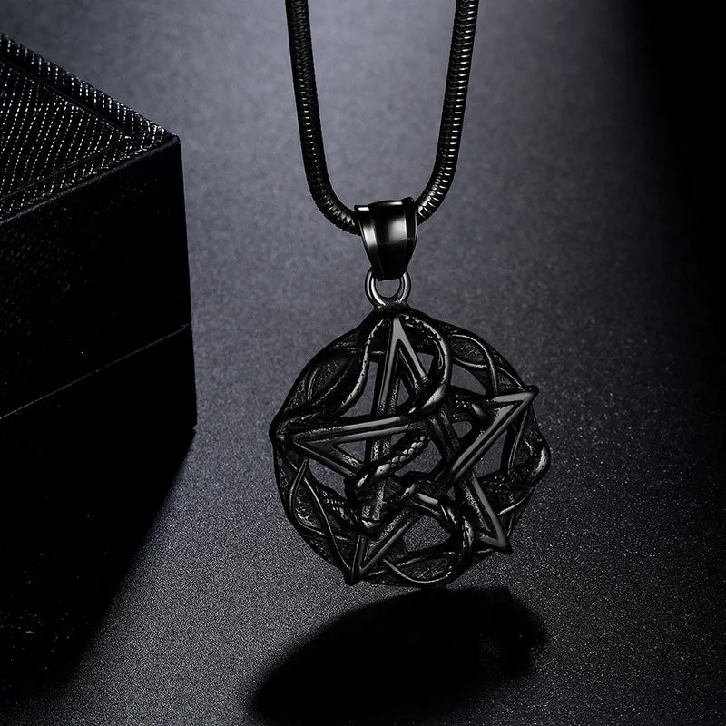 Men Wiccan Necklace Pentagram Entwined Snake Pendant Jewelry 316L Stainless Steel