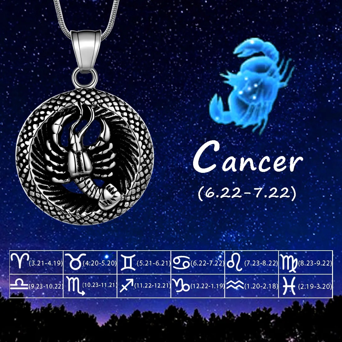 Men Zodiac Cancer Necklace Pendant Star Sign Constellation Jewelry Women Boys Girls Birthday Gift