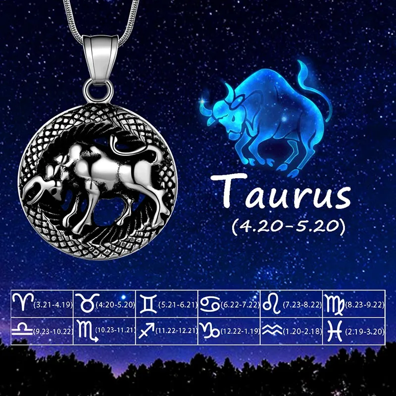 Men Zodiac Taurus Necklace Pendant Star Sign Constellation Jewelry Women Boys Girls Birthday Gift