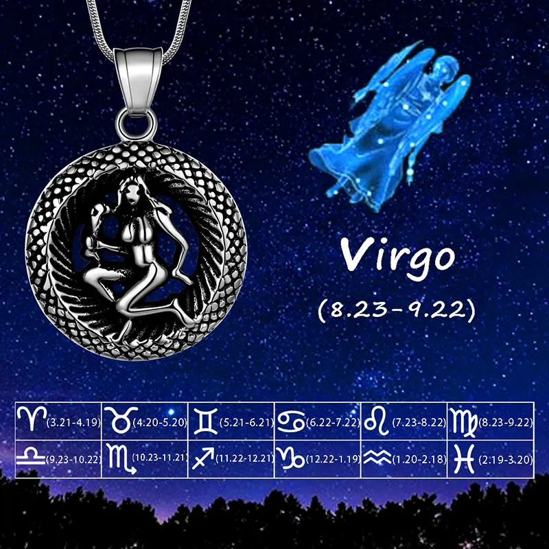 Men Zodiac Virgo Necklace Pendant Star Sign Constellation Jewelry Women Boys Girls Birthday Gift