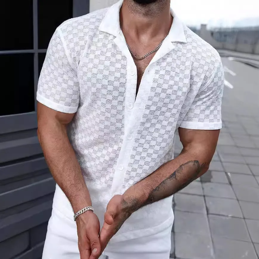 Mens Knit Shirt  Relaxed Fit  Lightweight Sheer Fabric  Geometric Lace  Button-Up