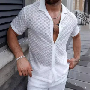 Mens Knit Shirt  Relaxed Fit  Lightweight Sheer Fabric  Geometric Lace  Button-Up