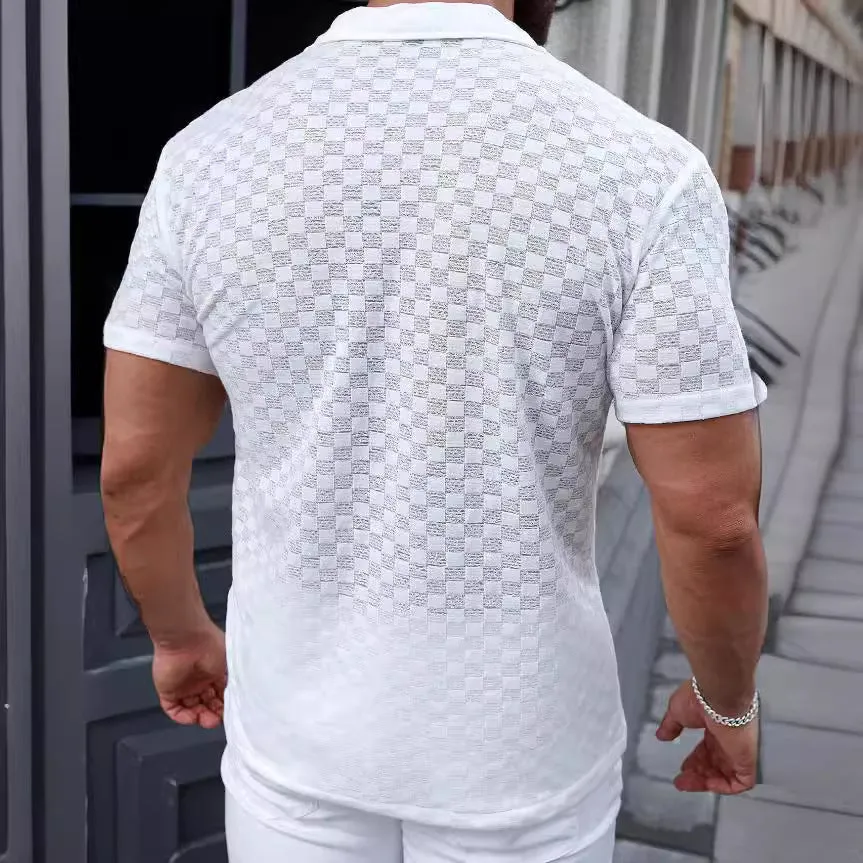 Mens Knit Shirt  Relaxed Fit  Lightweight Sheer Fabric  Geometric Lace  Button-Up