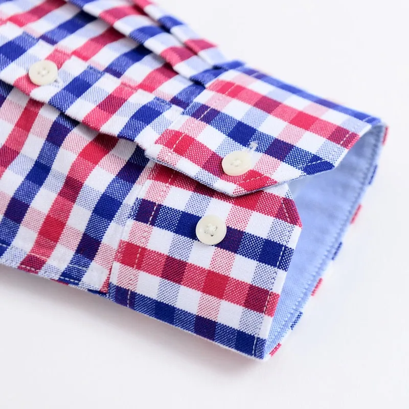 Men's Long Sleeve Contrast Plaid/Striped Oxford Dress Shirt with Left Chest Pocket Male Casual Slim-fit Buttoned Down Shirts