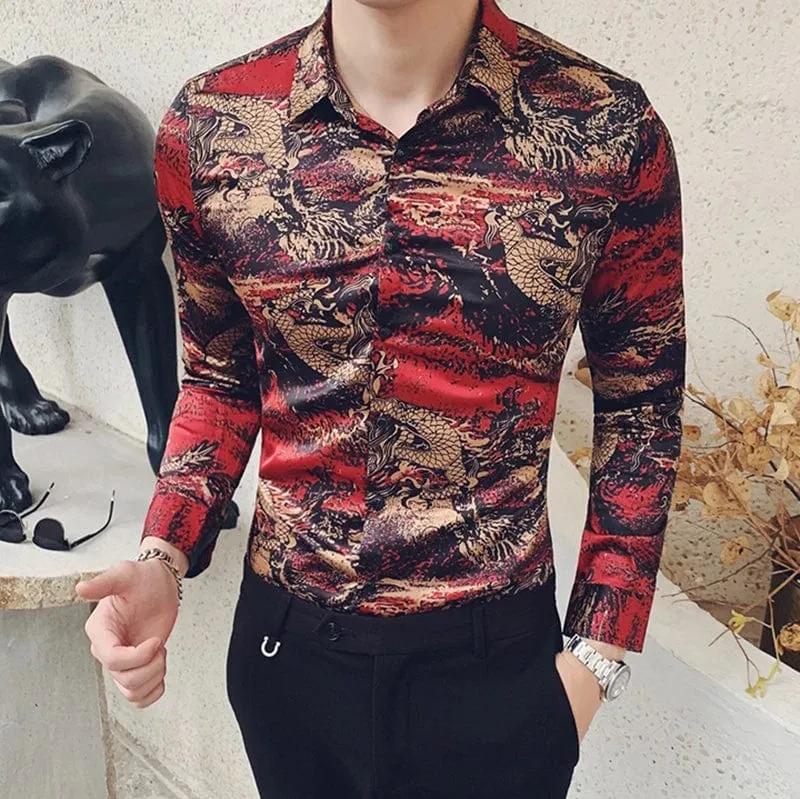 Men's Slim Fit Dragon Print Dress Shirt – Long Sleeve Button-Down Collar Business Shirt