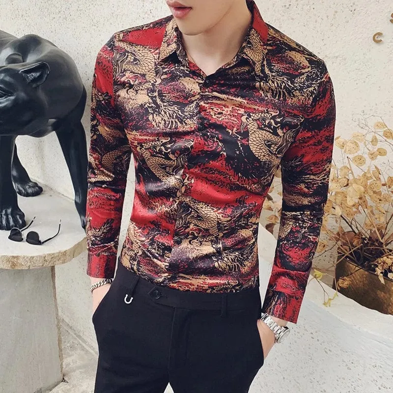 Men's Slim Fit Dragon Print Dress Shirt – Long Sleeve Button-Down Collar Business Shirt
