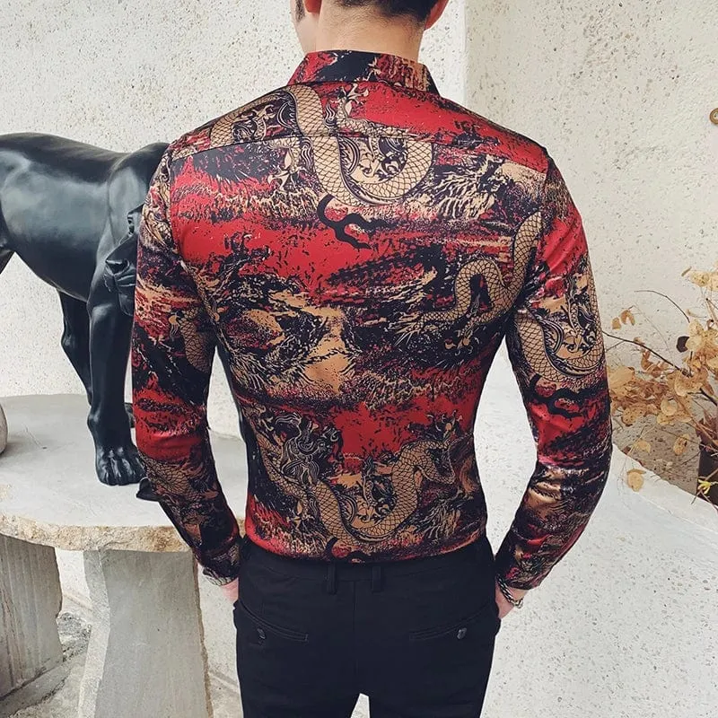 Men's Slim Fit Dragon Print Dress Shirt – Long Sleeve Button-Down Collar Business Shirt