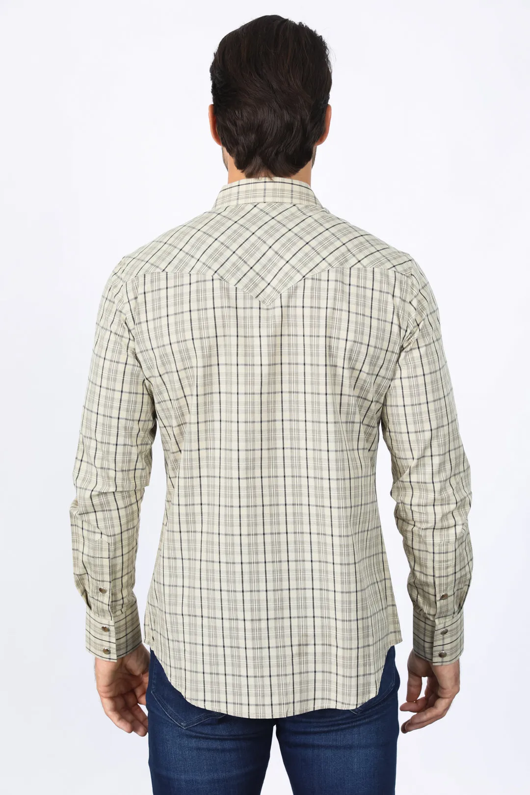 Mens Western Checkered Khaki Long Sleeve Shirts