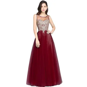Mesh Transparent Applique Pleated Long Party Dress