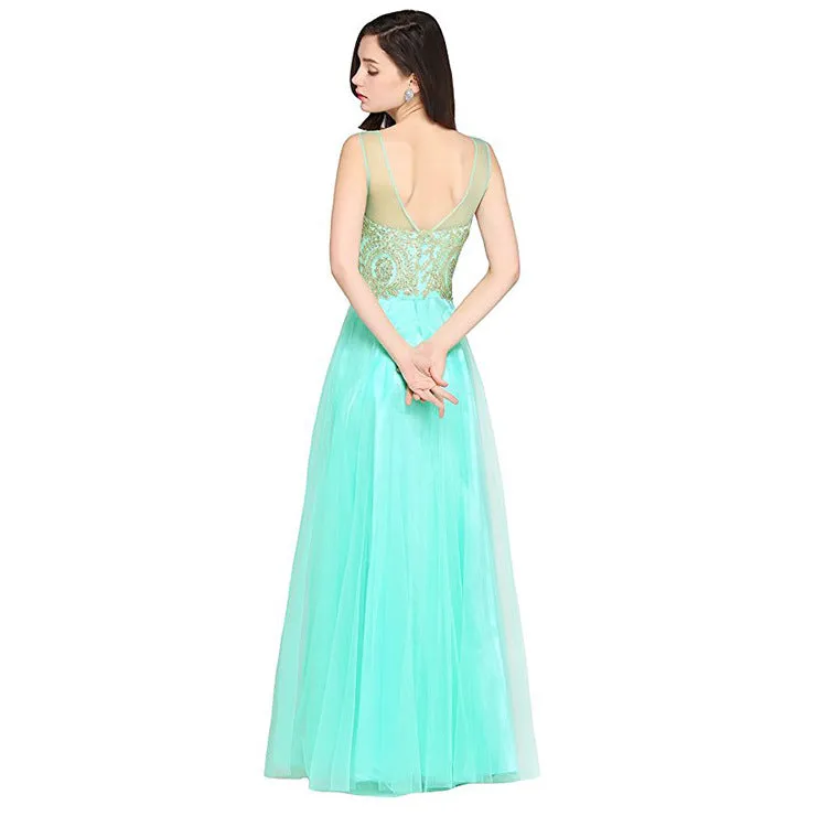 Mesh Transparent Applique Pleated Long Party Dress