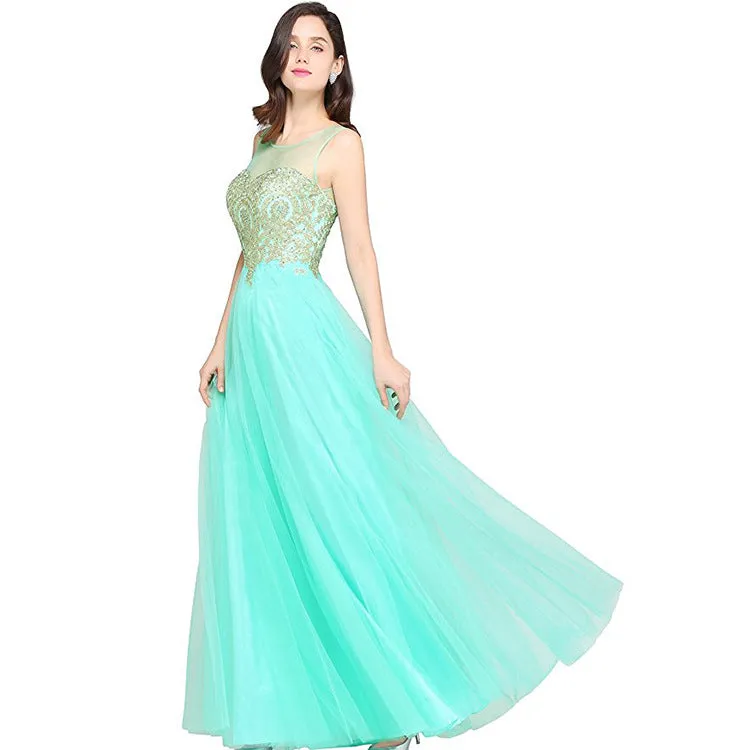 Mesh Transparent Applique Pleated Long Party Dress