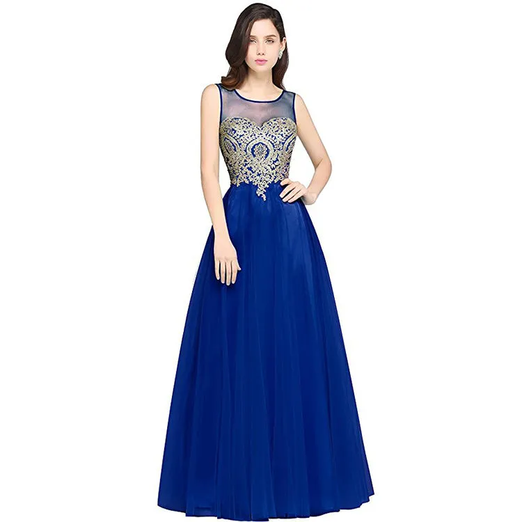 Mesh Transparent Applique Pleated Long Party Dress