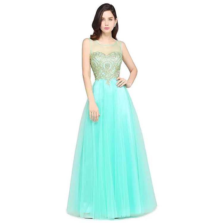 Mesh Transparent Applique Pleated Long Party Dress