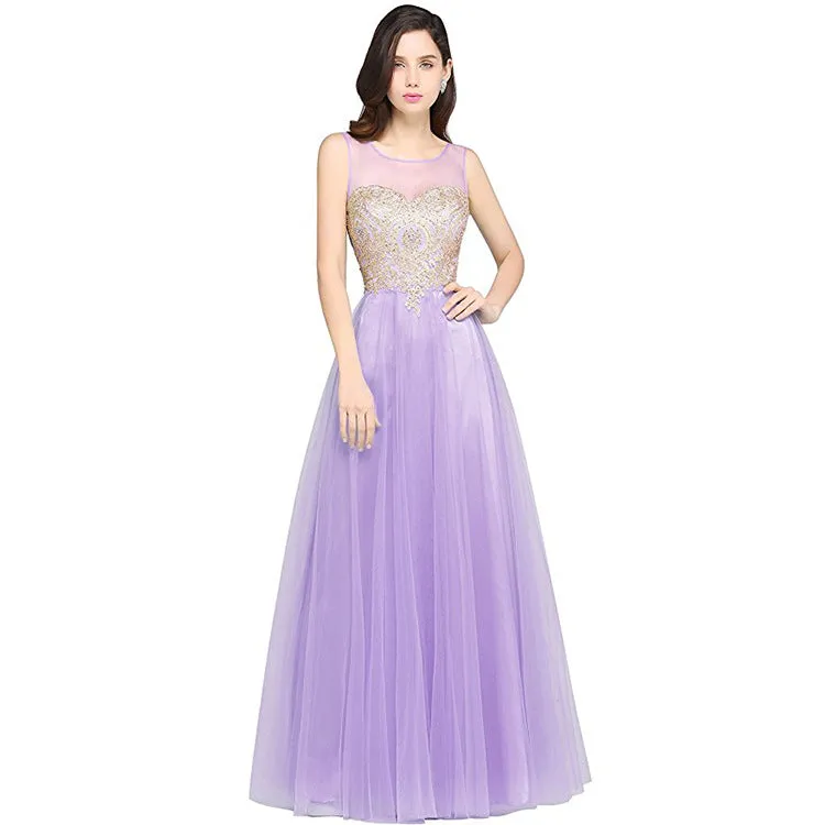 Mesh Transparent Applique Pleated Long Party Dress