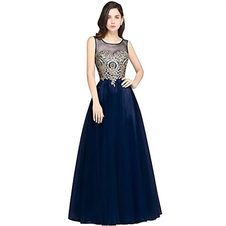 Mesh Transparent Applique Pleated Long Party Dress