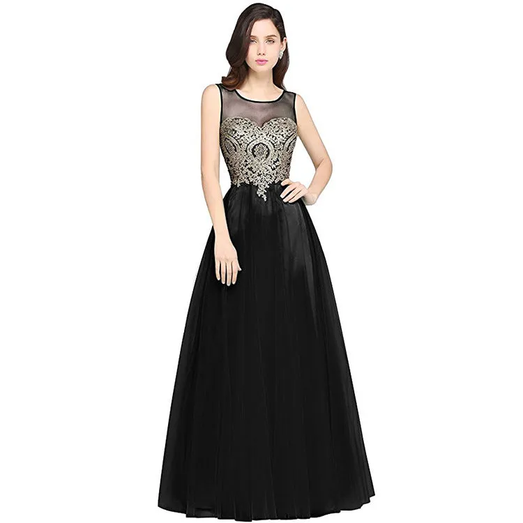 Mesh Transparent Applique Pleated Long Party Dress