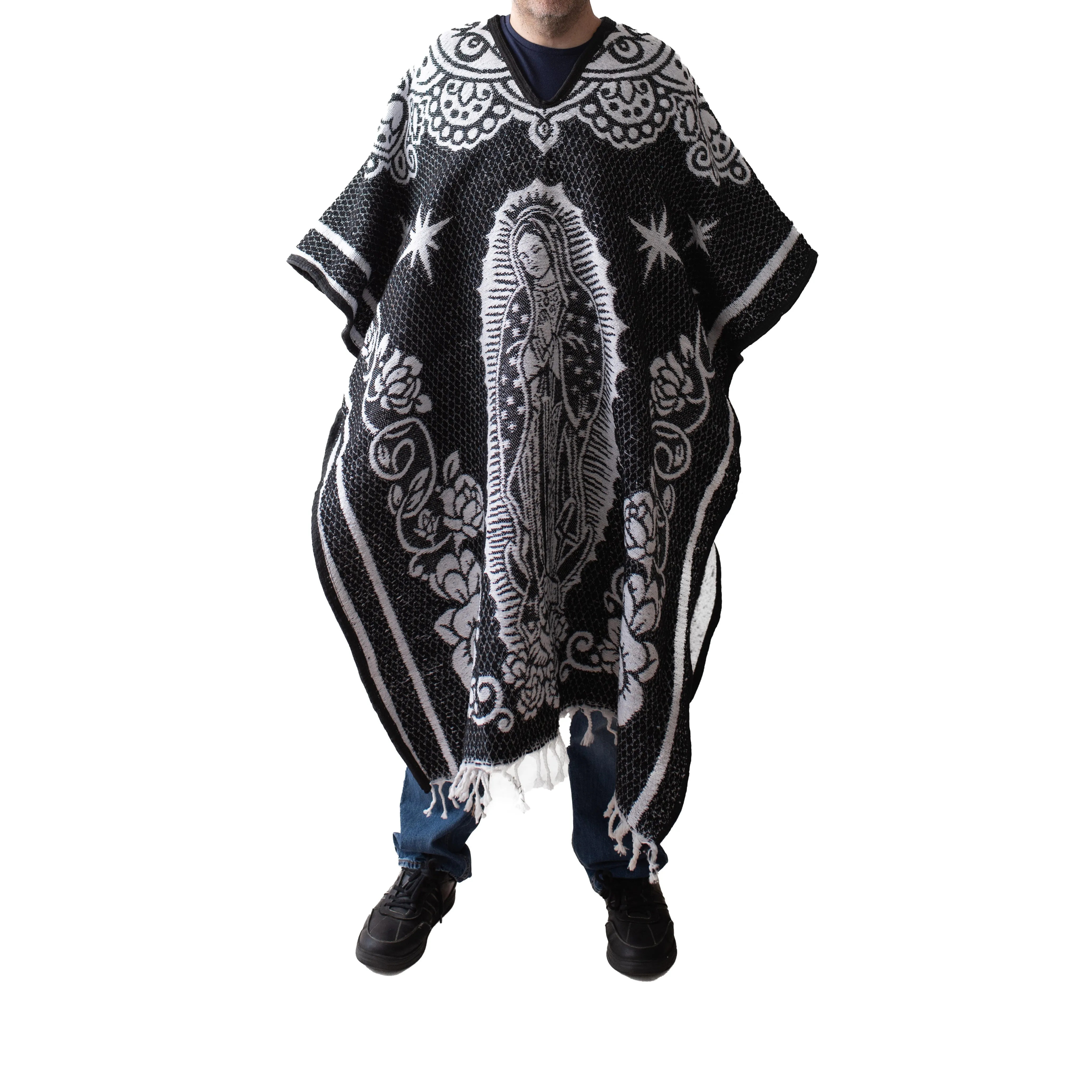 Mexican Serape Poncho for Men - San Judas - BLACK