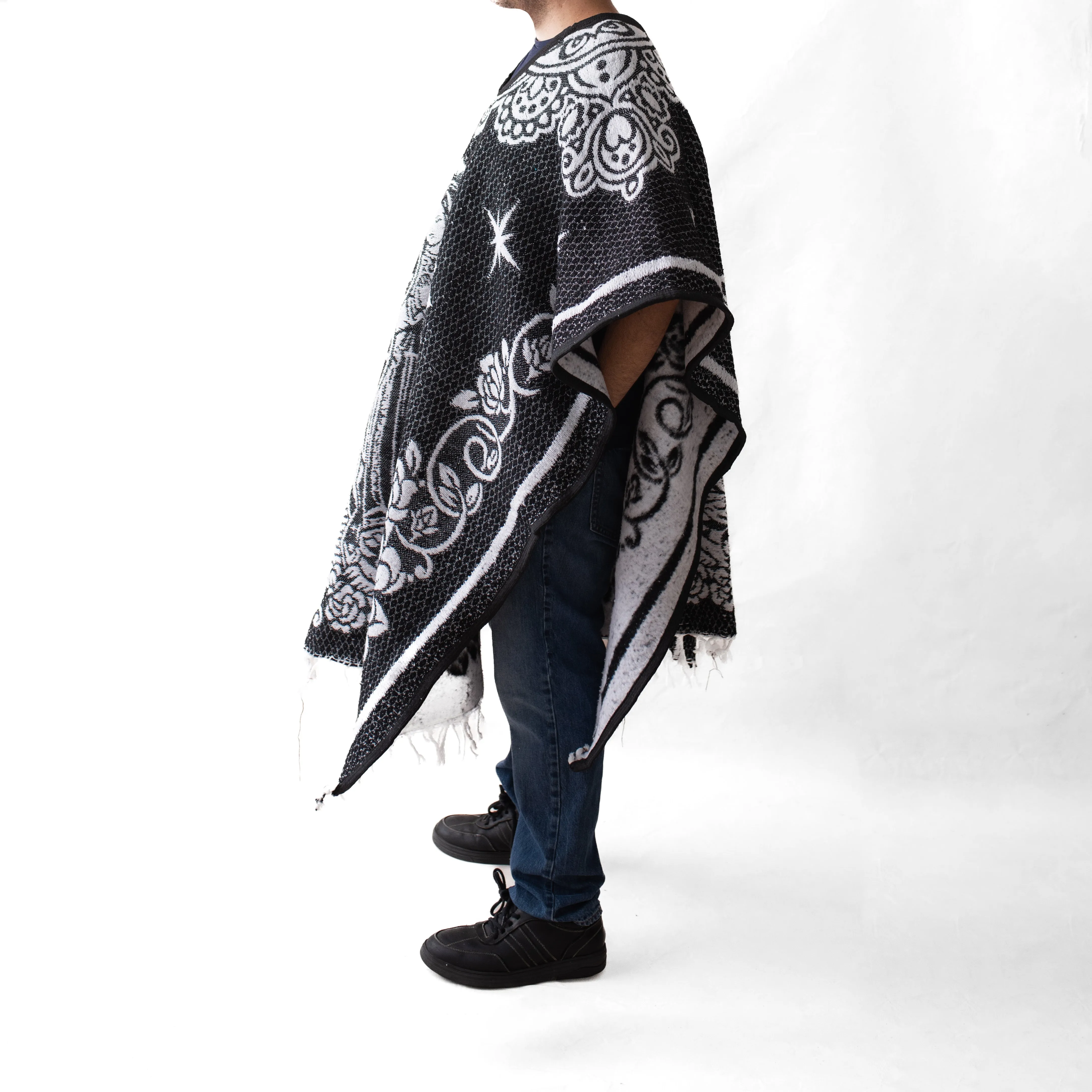 Mexican Serape Poncho for Men - San Judas - BLACK