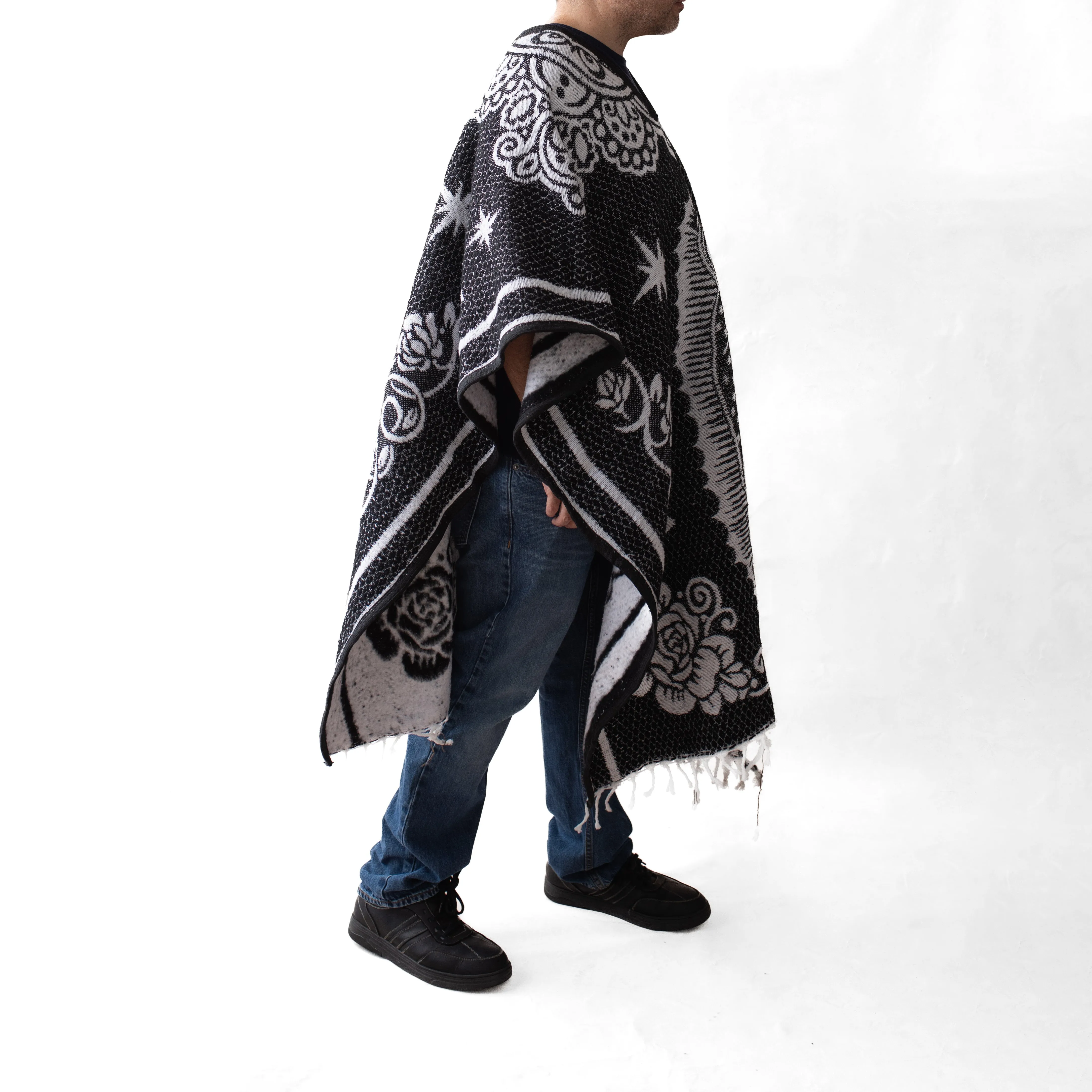 Mexican Serape Poncho for Men - San Judas - BLACK