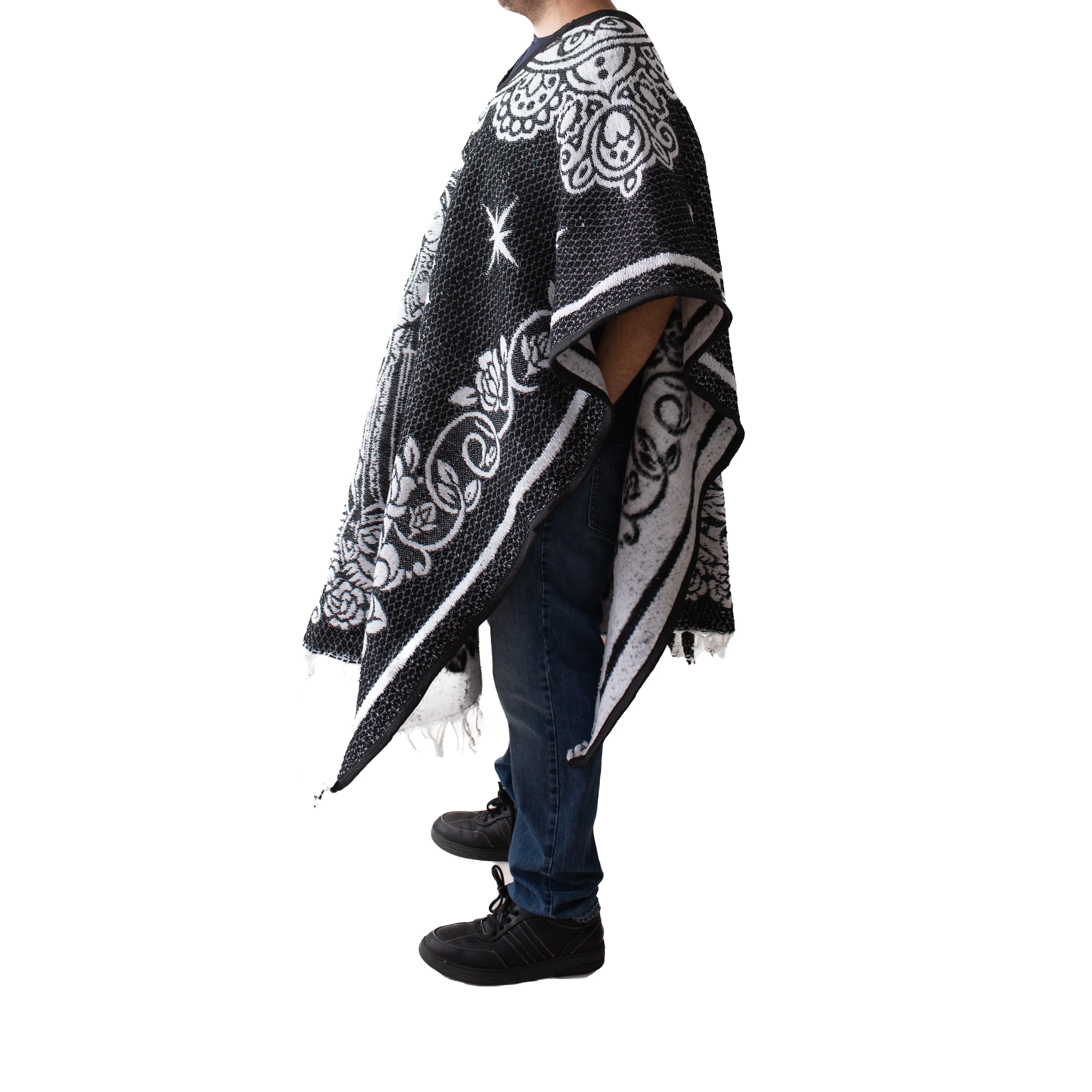 Mexican Serape Poncho for Men - San Judas - BLACK