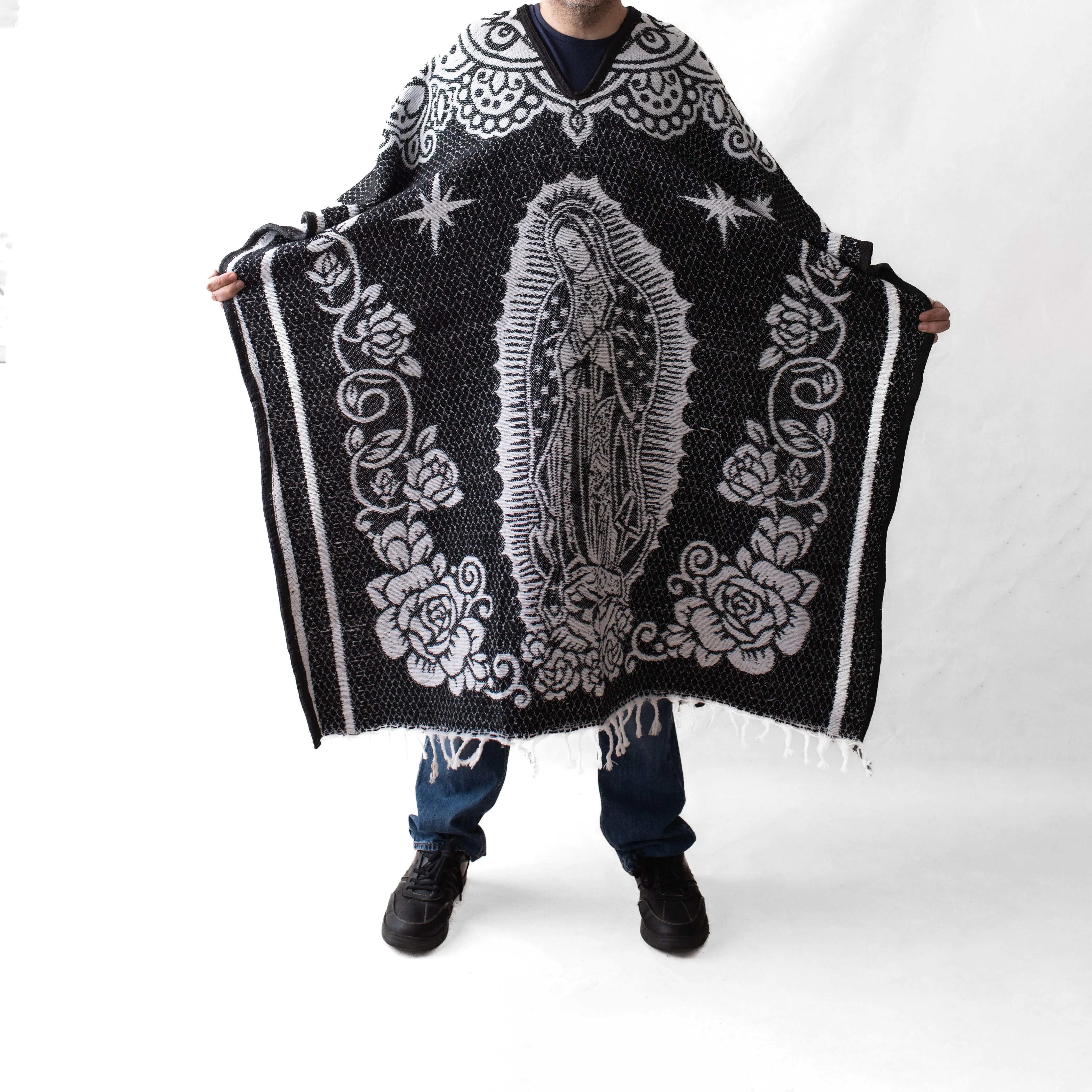 Mexican Serape Poncho for Men - San Judas - BLACK