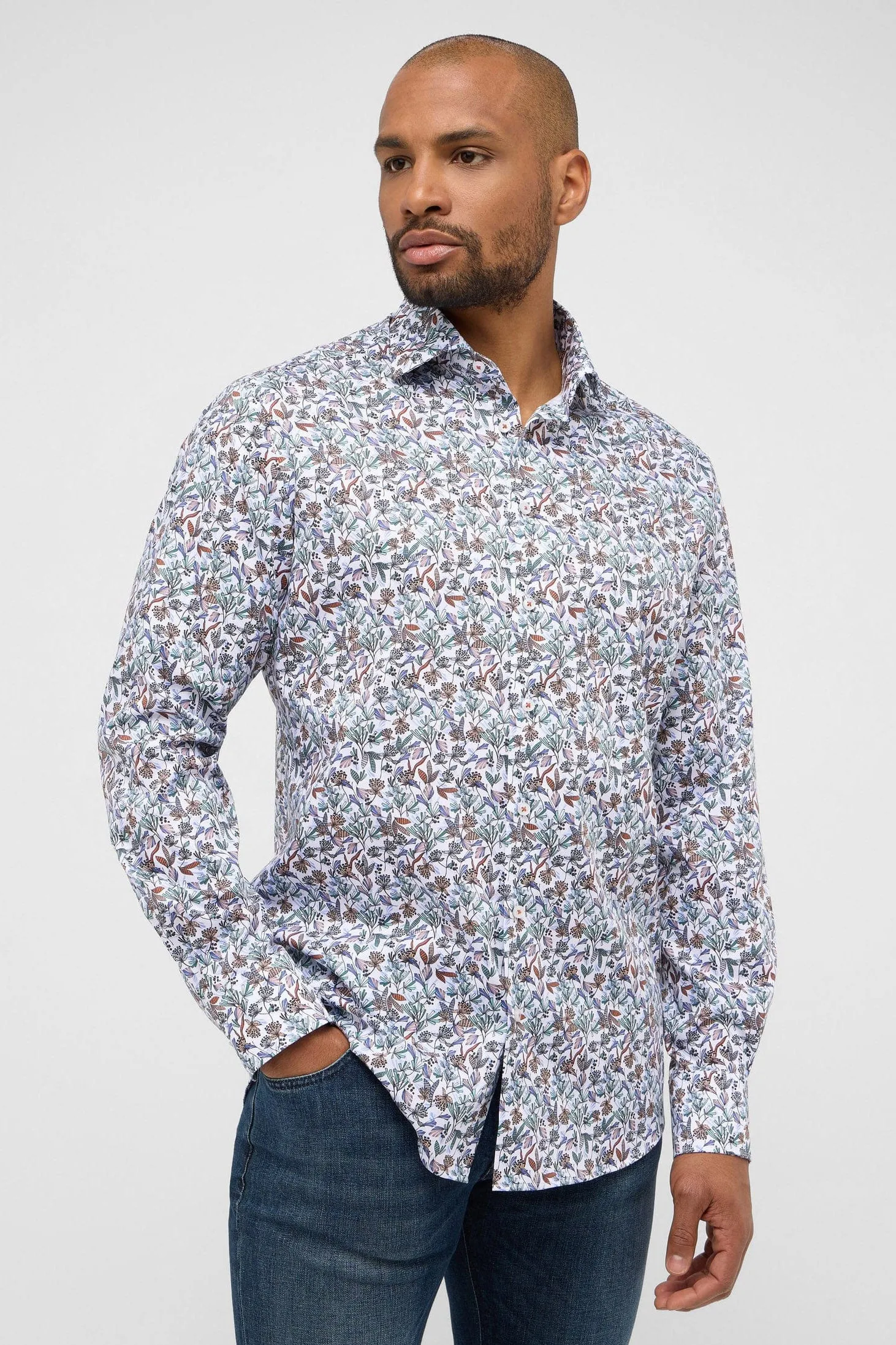Modern Fit Floral Leaf Long Sleeve Shirt - Peach Multi