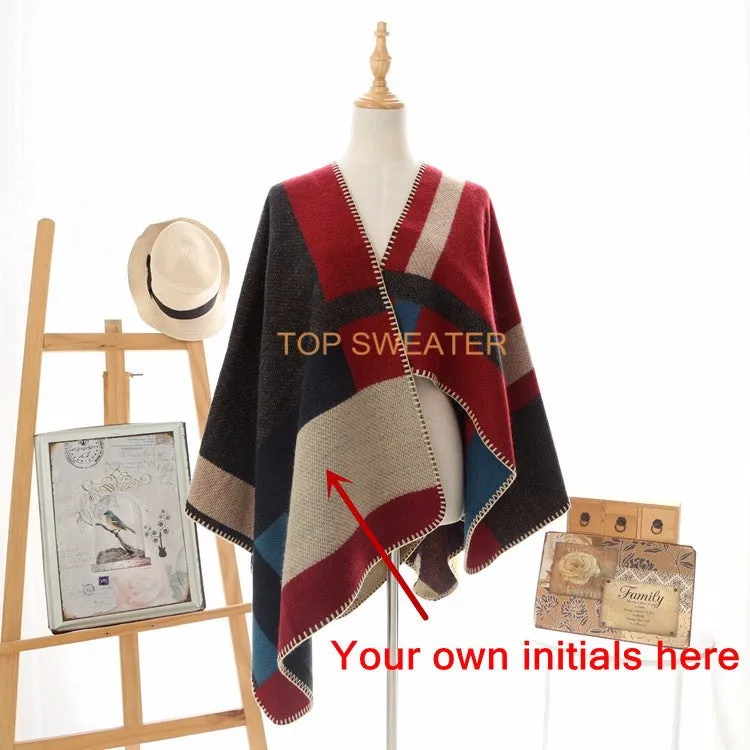 Monogrammed Reversible Short Blanket Ponchos (Embroidered Personalized Initials)